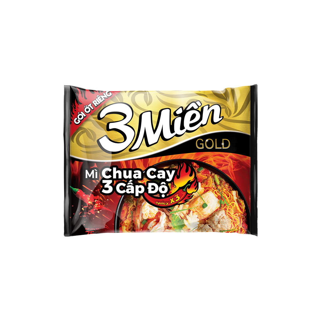 Thùng 30 gói mì 3 Miền Gold cay 3 cấp độ gói 75g